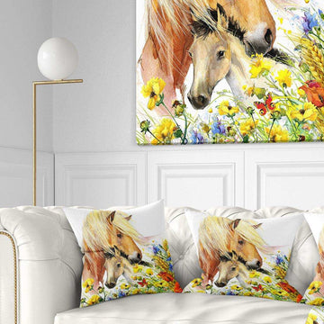Horse and Foal with Meadow - Animal Throw Pillow